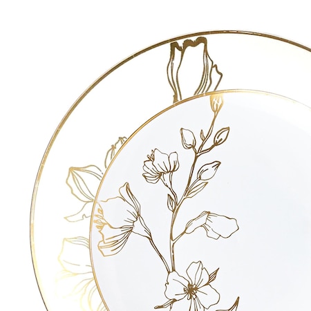Smarty Had A Party White w/Gold Antique Floral Round Plastic Dinnerware Set (120 Dinner Plates+120 Salad Plates), 240PK 920WHGVP-CASE